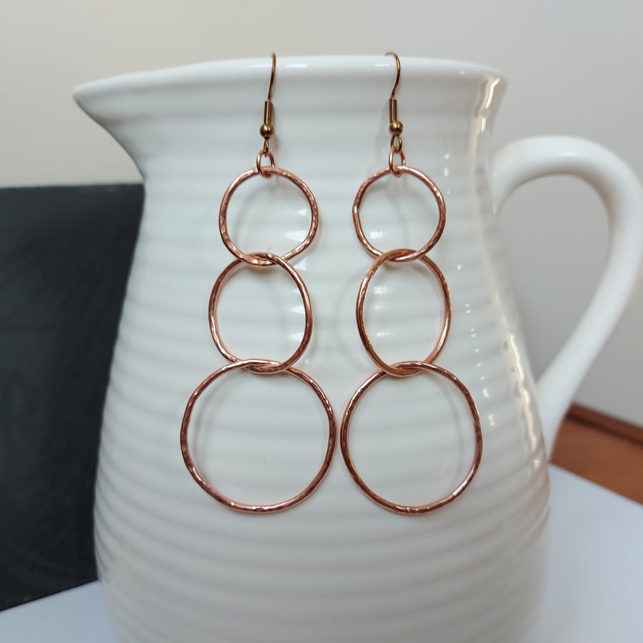 Copper three-hoop dangle earrings, extra long