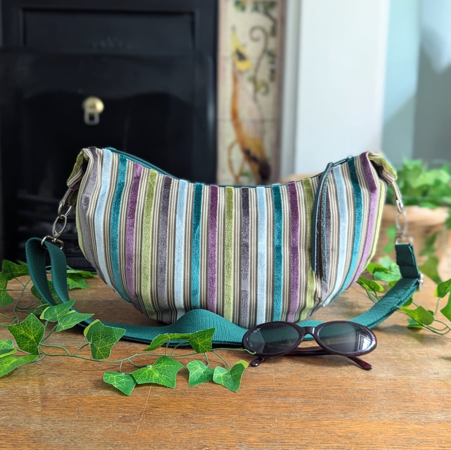 Small Sling Bag, Dumpling Cross Body Bag - Striped Chenille Bag