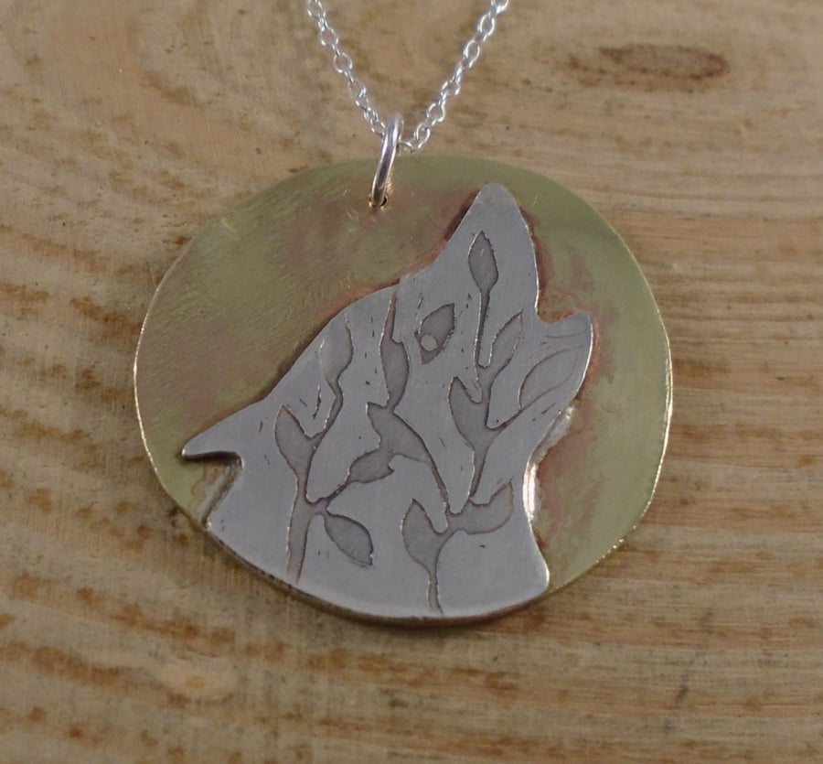 Sterling Silver and Brass Etched Howling Wolf Necklace