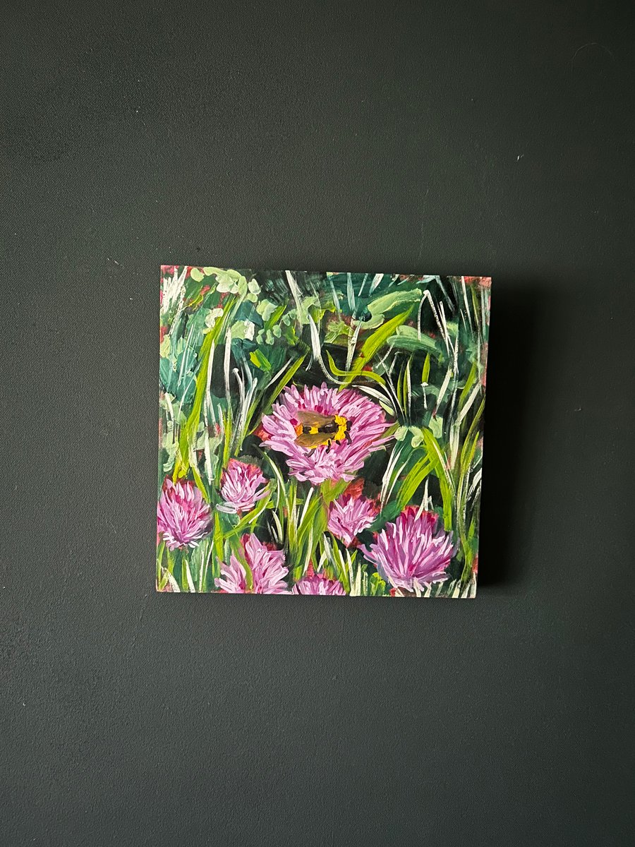 Bee in the chive garden Painting in oils