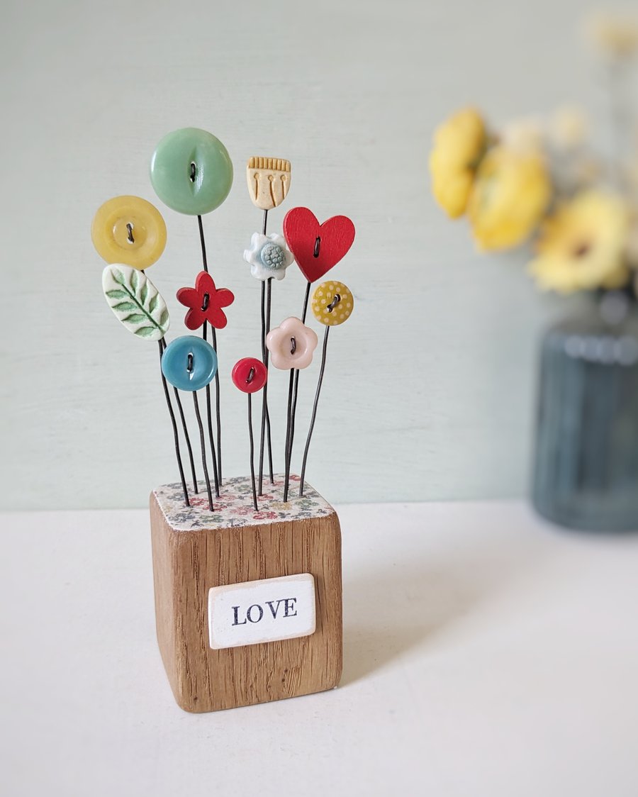 Clay Flower and Button Garden in a Wood Block 'Love'