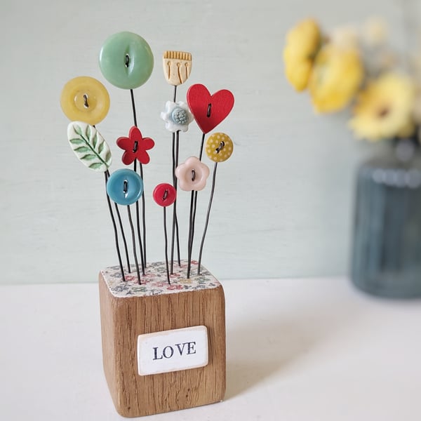 Clay Flower and Button Garden in a Wood Block 'Love'