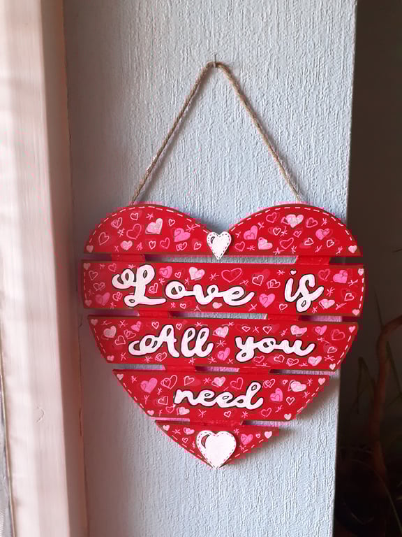 Red wooden heart with love is all you need large hanging decoration