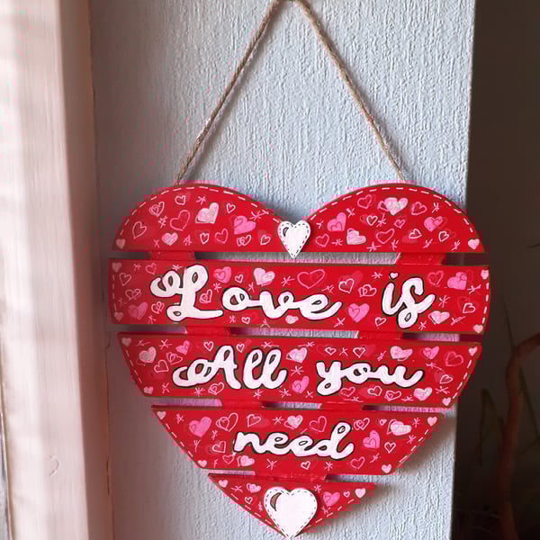 Red wooden heart with love is all you need large hanging decoration