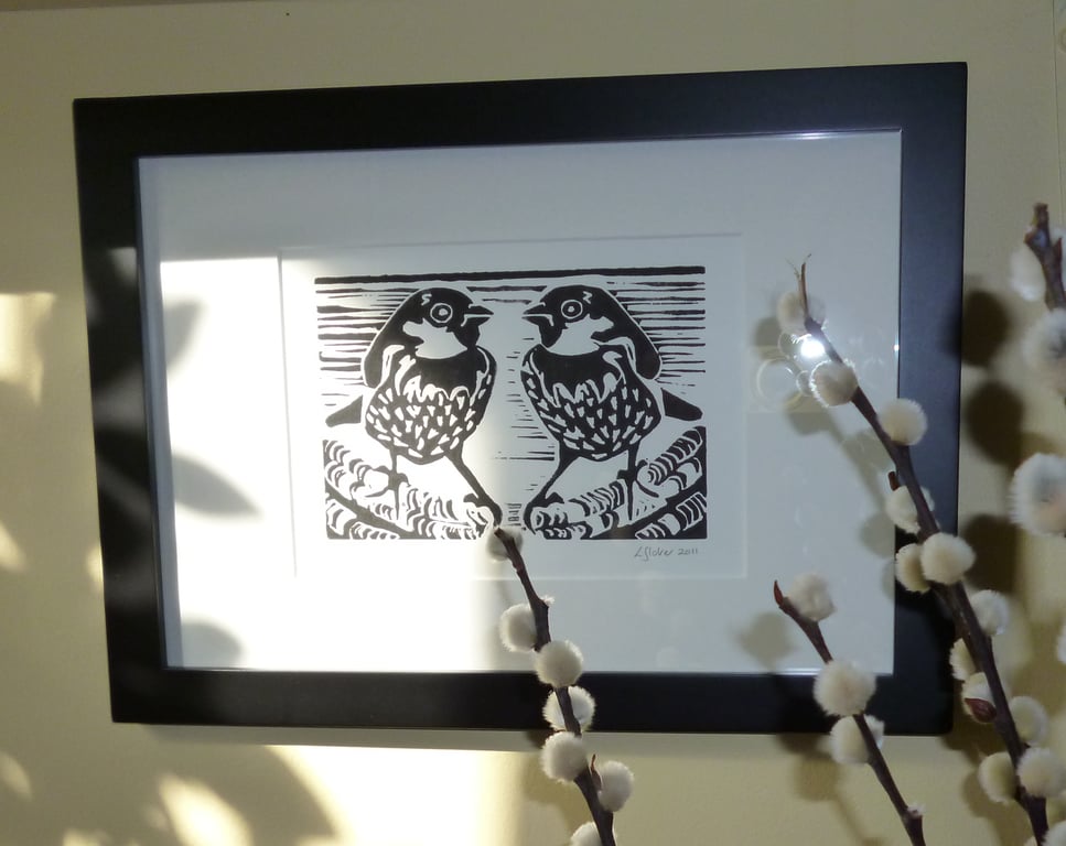 Sparrow Pair Limited Edition Original Lino Print