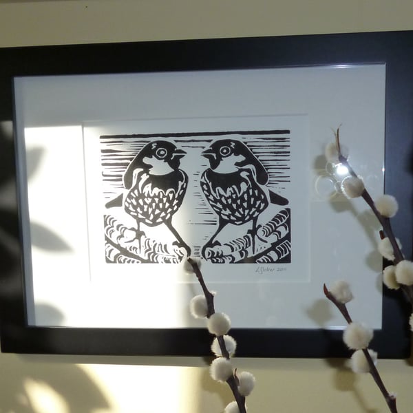 Sparrow Pair Limited Edition Original Lino Print