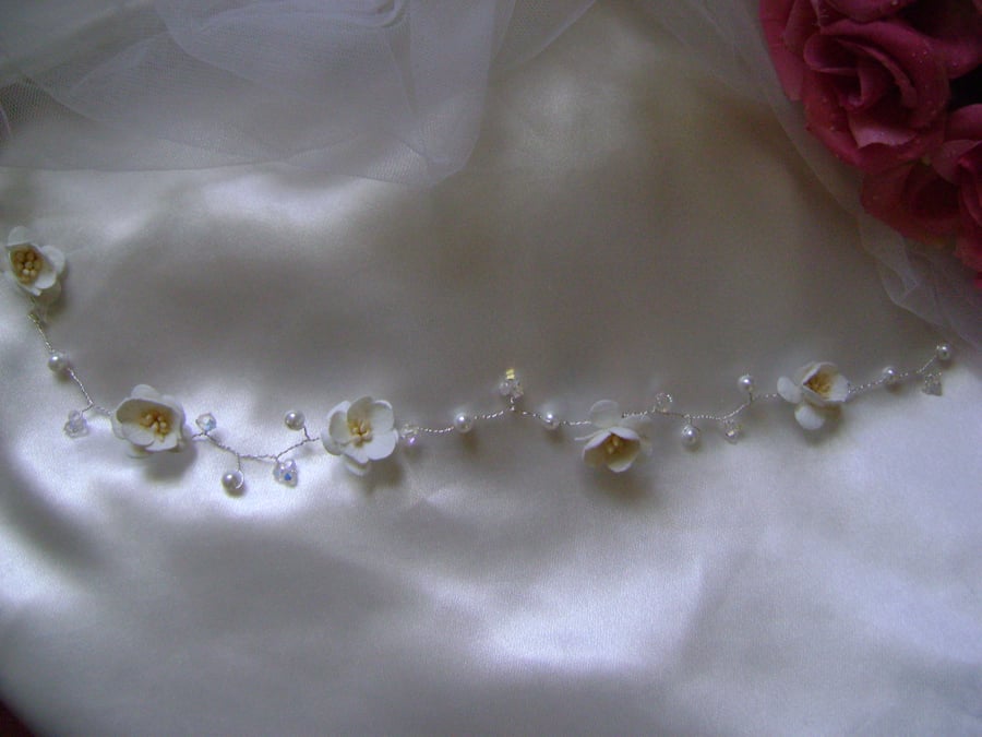 Cherry Blossom Crystal & Pearl Bridal Hair Vine 