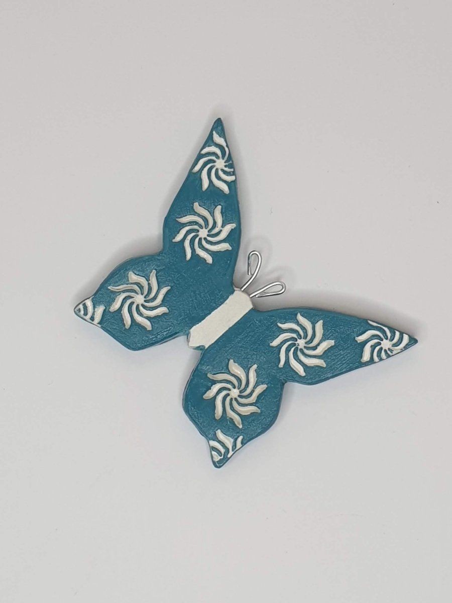 Clay butterfly fridge magnet decoration, teal, gift for a butterfly lover