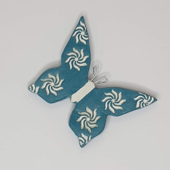Clay butterfly fridge magnet decoration, teal, gift for a butterfly lover