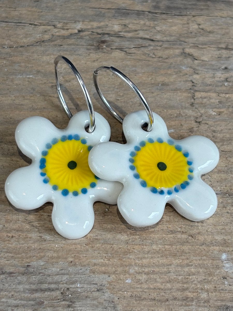 Sterling Silver Endless Hoop Earrings with Handmade Glazed Porcelain Flowers
