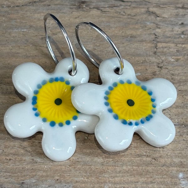 Sterling Silver Endless Hoop Earrings with Handmade Glazed Porcelain Flowers