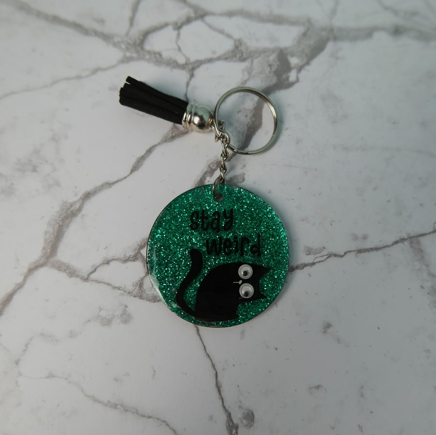 Stay Weird Glittery Cat Keyring