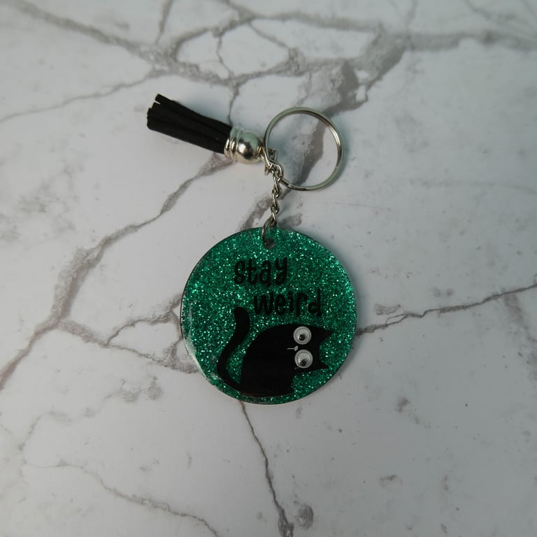 Stay Weird Glittery Cat Keyring