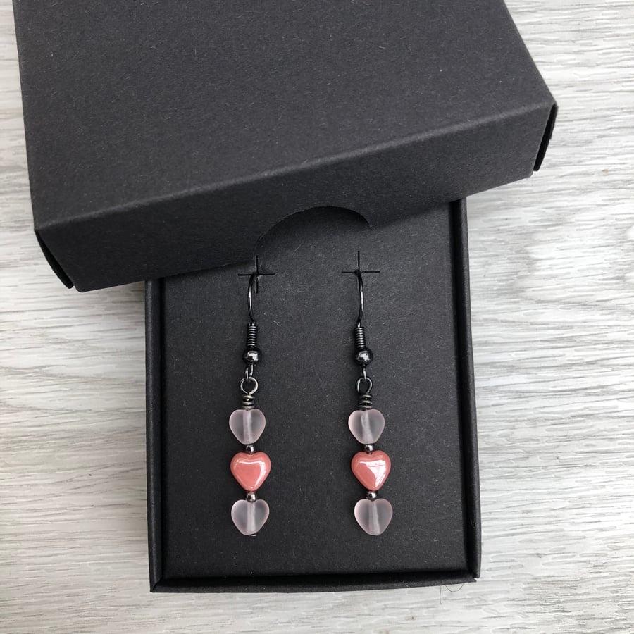 Pink Czech glass heart earrings