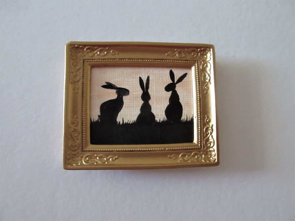 Doll House Miniature Original Painting Framed with Bunny Silhouette Rabbit 