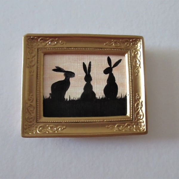 Doll House Miniature Original Painting Framed with Bunny Silhouette Rabbit 