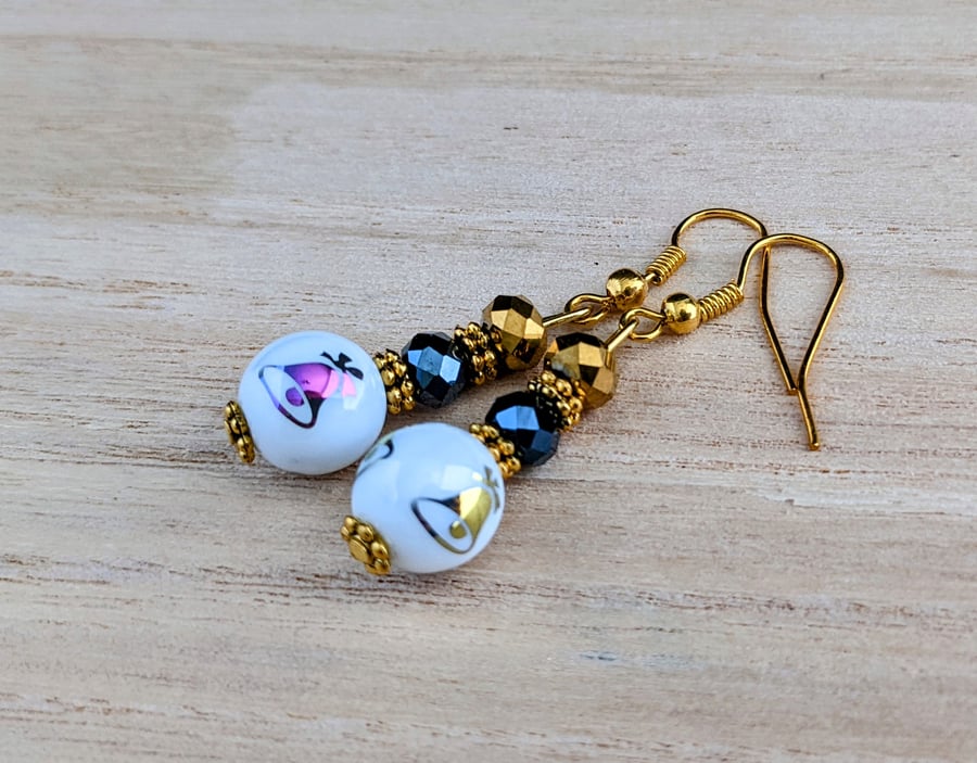 Christmas earrings - white glass beads with bells