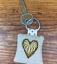 Home heart key ring - embroidered linen & lavender - gold heart - Image 3