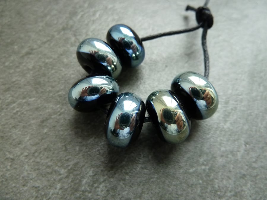 lampwork glass beads, black and silver wrapped