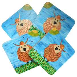 Hand Painted Solid Wood Highland Cow Coasters, Set of 4.