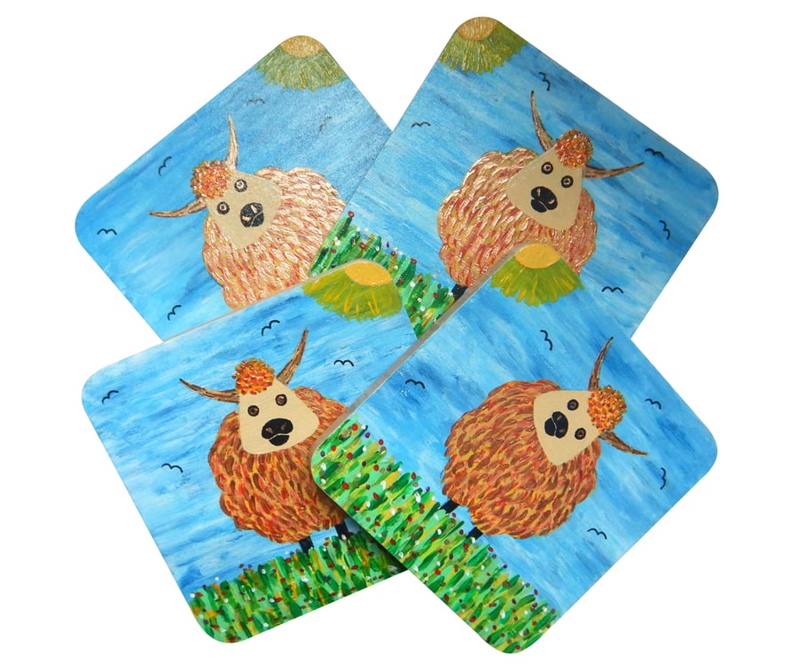Hand Painted Solid Wood Highland Cow Coasters, Set of 4.