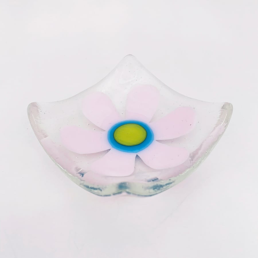 Fused Glass Retro Pink Flower Dish - Handmade Glass Dish