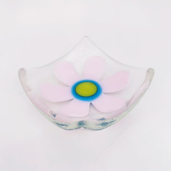 Fused Glass Retro Pink Flower Dish - Handmade Glass Dish