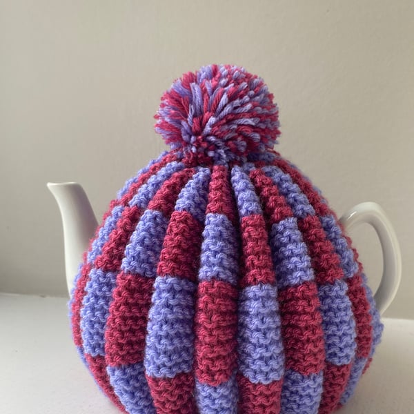 Traditional Handknitted Tea Cosy with Pompom in Mauve and Pink