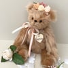 Handmade artist teddy bear, collectible mohair bear with floral headdress