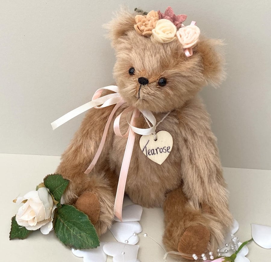 Handmade artist teddy bear, collectible mohair bear with floral headdress