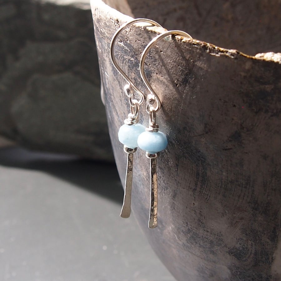 Sterling Silver and Aquamarine Forged Earrings