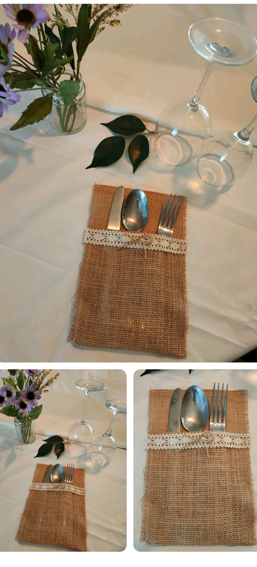 Hessian and lace wedding table cutlery holder