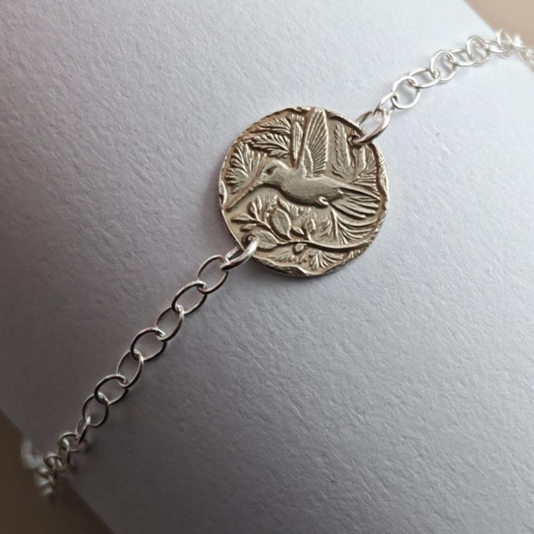 Hummingbird Engraved Sterling Silver Coin Bracelet
