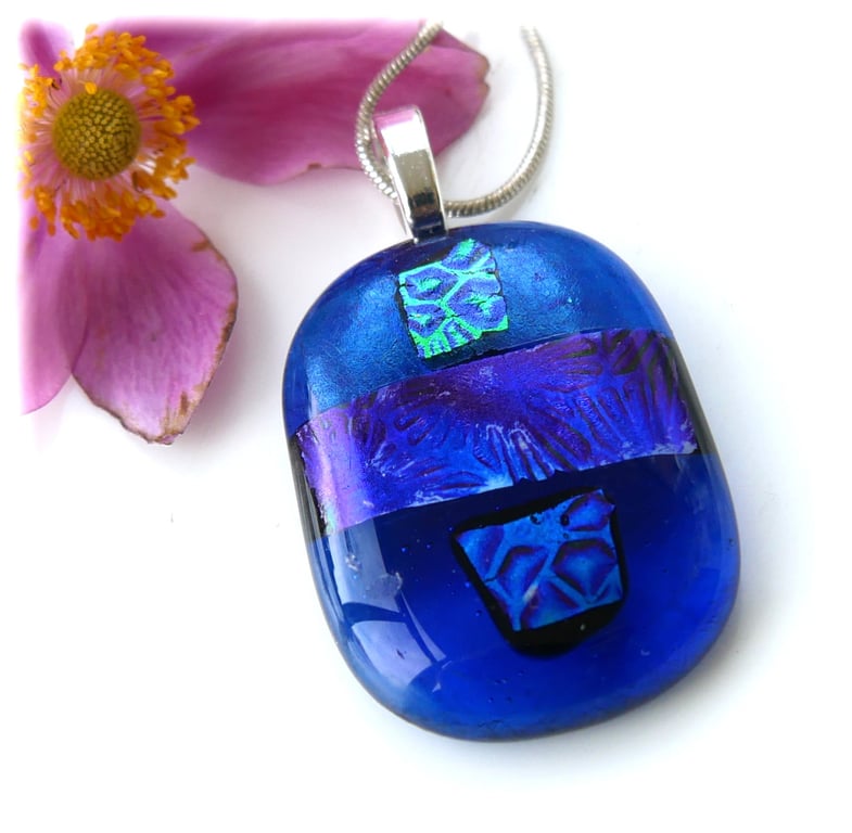 Dichroic Glass Pendant 275 Blue Handmade with silver plated chain