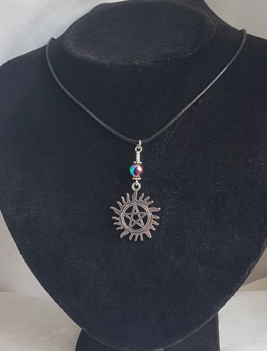 Spooky Pentacle Charm Necklace - Flaming Pentacle and Rainbow Haematite.