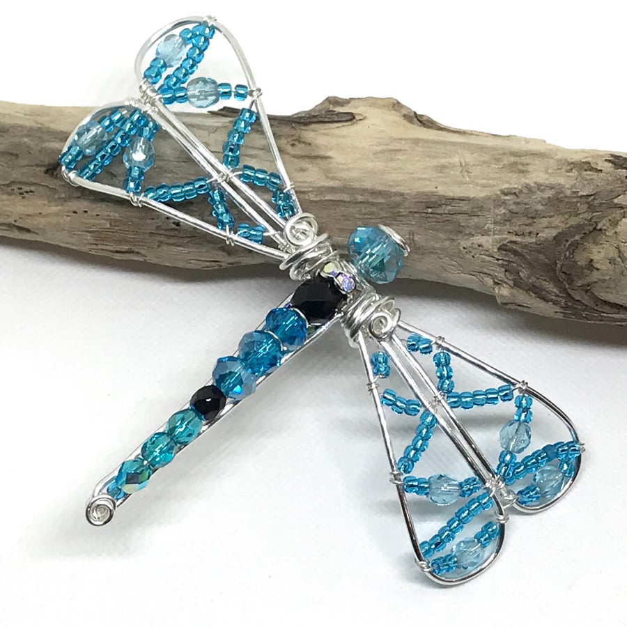 Silver Dragonfly Brooch, With Blue Crystals