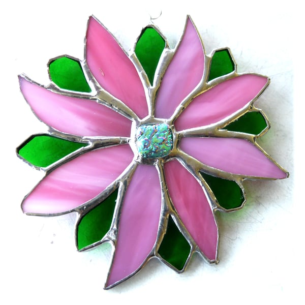 Pink Flower Stained Glass Suncatcher Green Bright