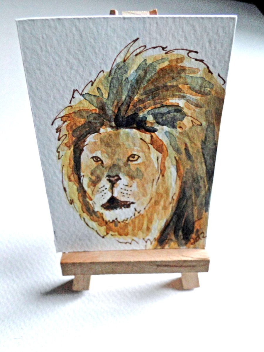 ACEO Animal Art Lion Pose Original Watercolour and Ink Painting OOAK Cat