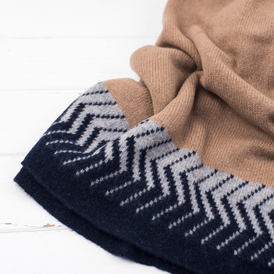 Chevron knitted poncho - camel and navy