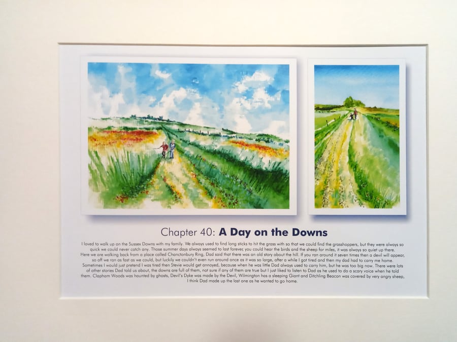 Original hand painted watercolour print of children on the Sussex Southdowns