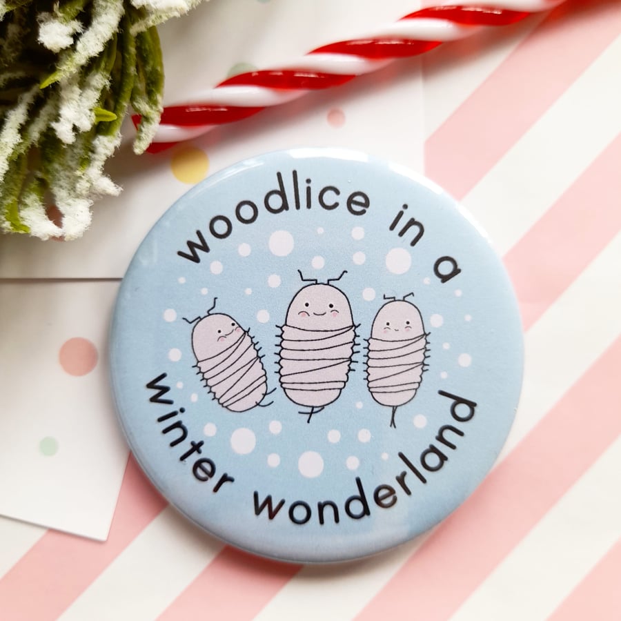 woodlice christmas badge, handmade pin badge, christmas gift, bature lover