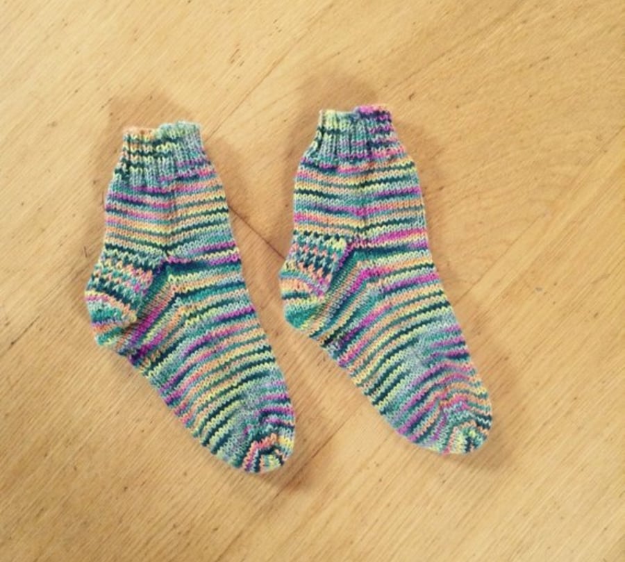 Hand Knit Child’s Wool Socks Multicoloured Green