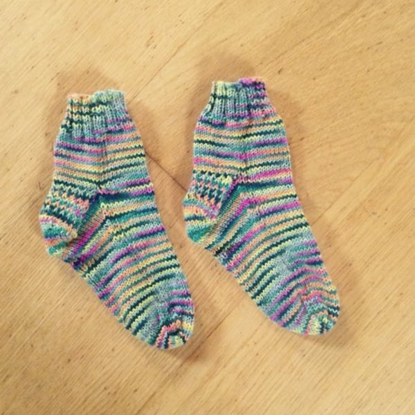 Hand Knit Child’s Wool Socks Multicoloured Green