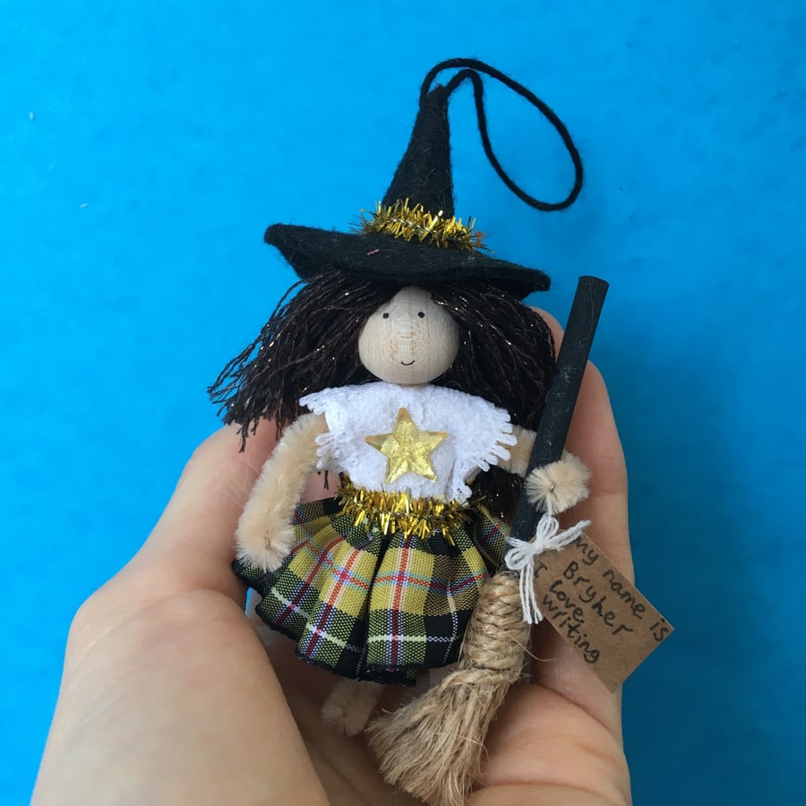 Tiny Cornish Tartan Witch Doll Hanging Decoration, Witchcraft 