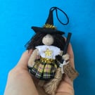 Tiny Cornish Tartan Witch Doll Hanging Decoration, Witchcraft 