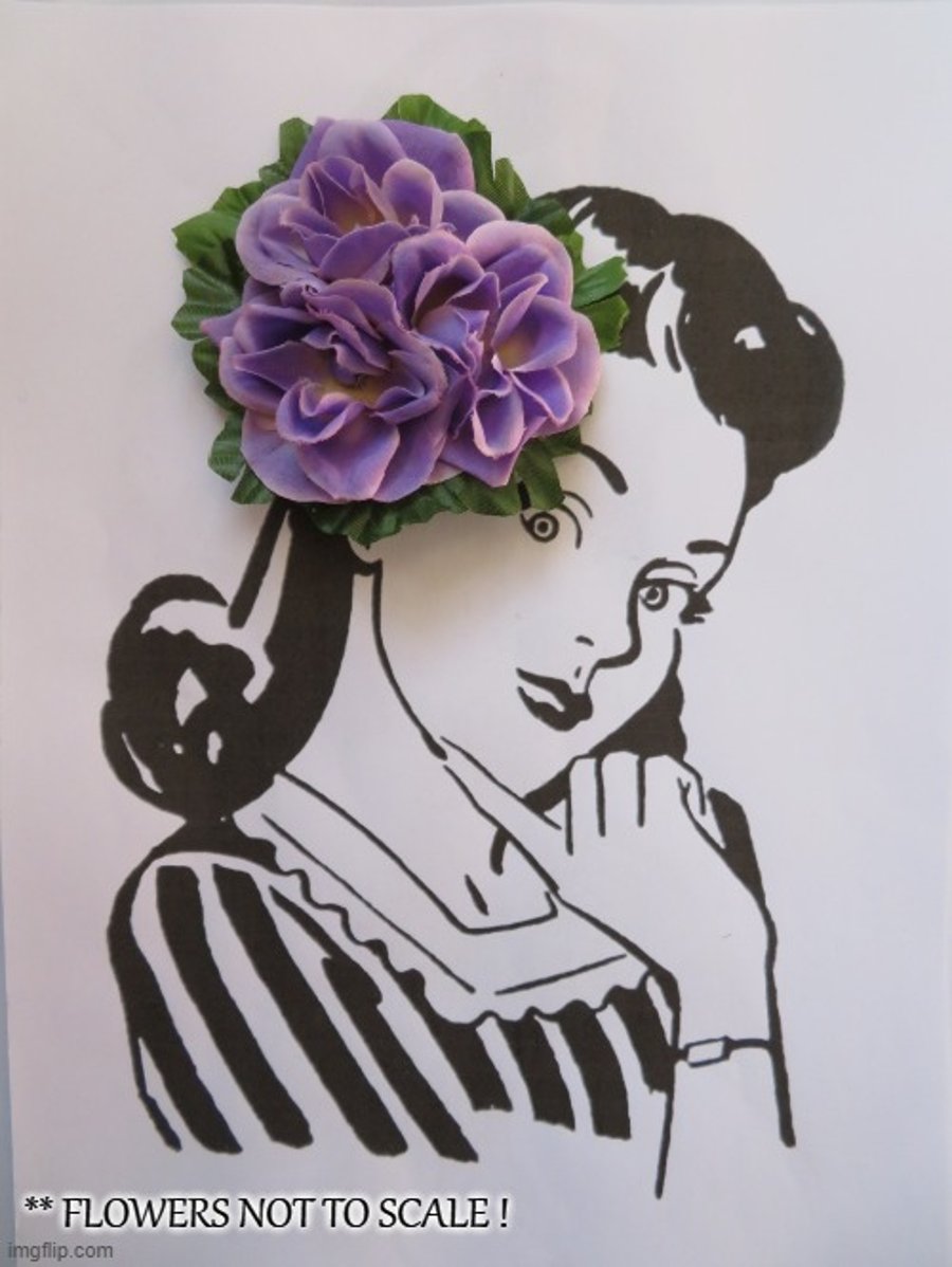 Lilac Purple Rose Cluster Flower Hair Clip Wedding Vintage Rockabilly 1950's 