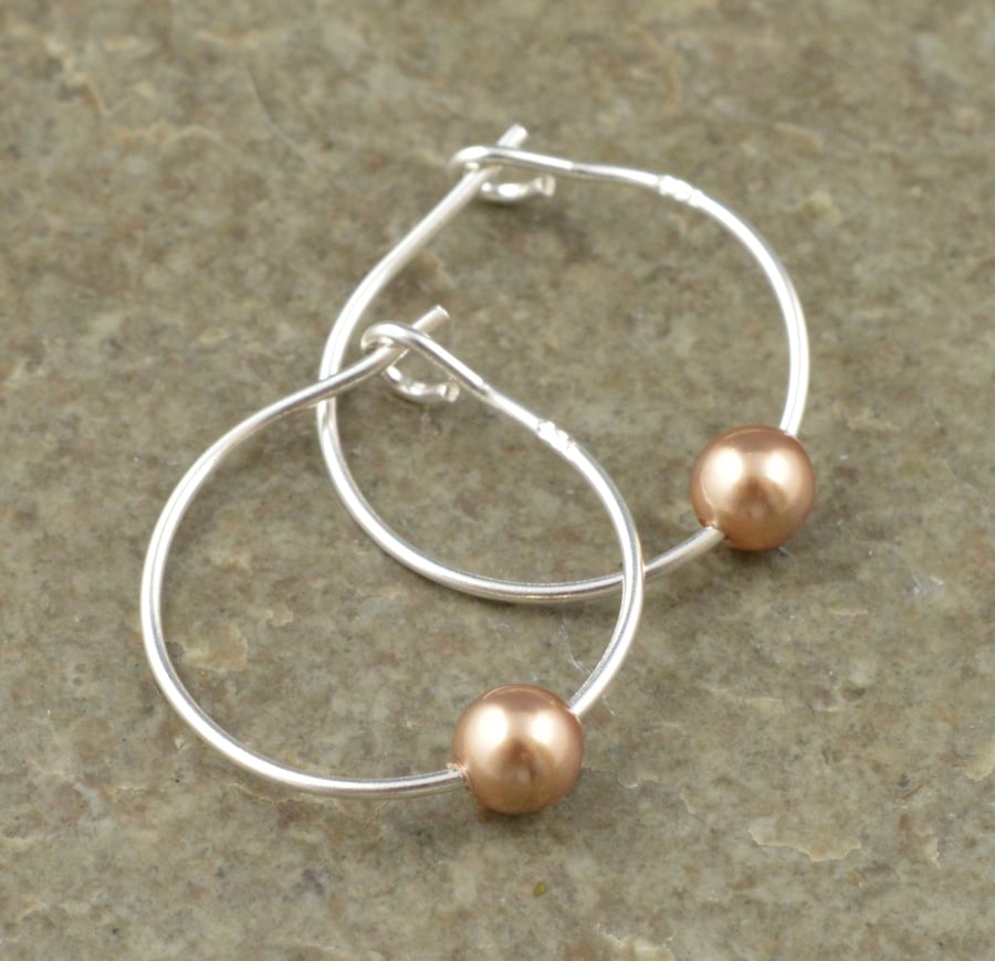 Bronze Swarovski Crystal Pearl 15mm Sterling Silver Hoop Earrings
