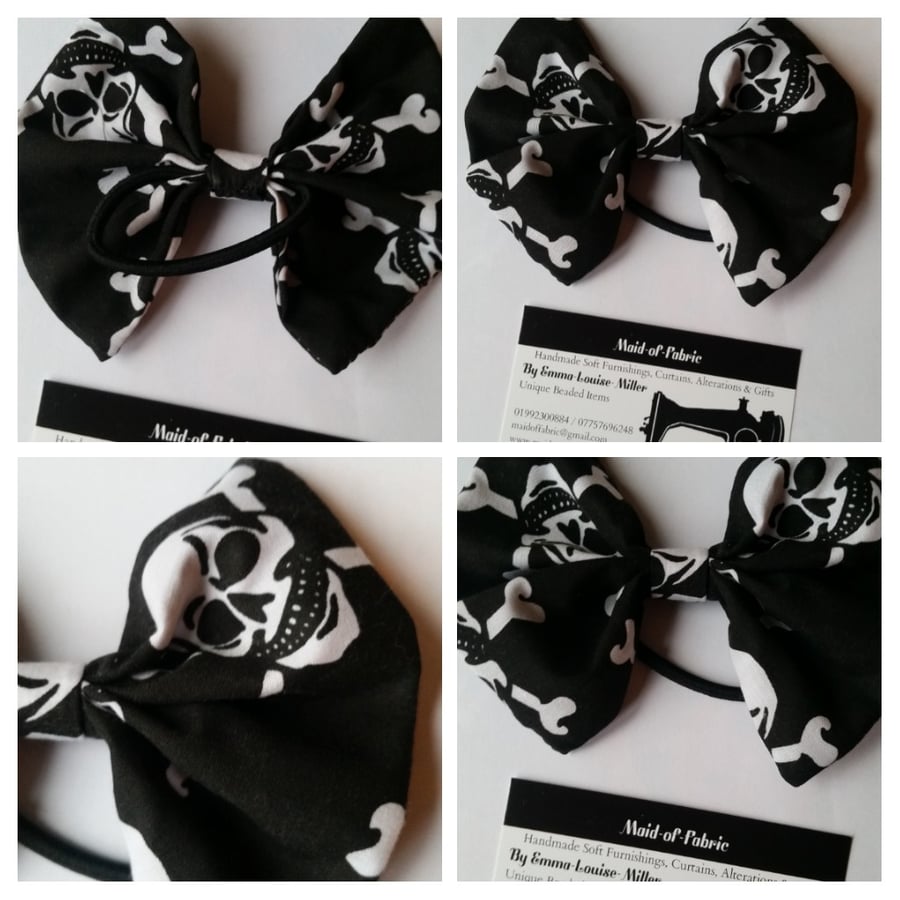 Hair bobble bow band in black and white skulls fabric. 3 for 2 offer.   