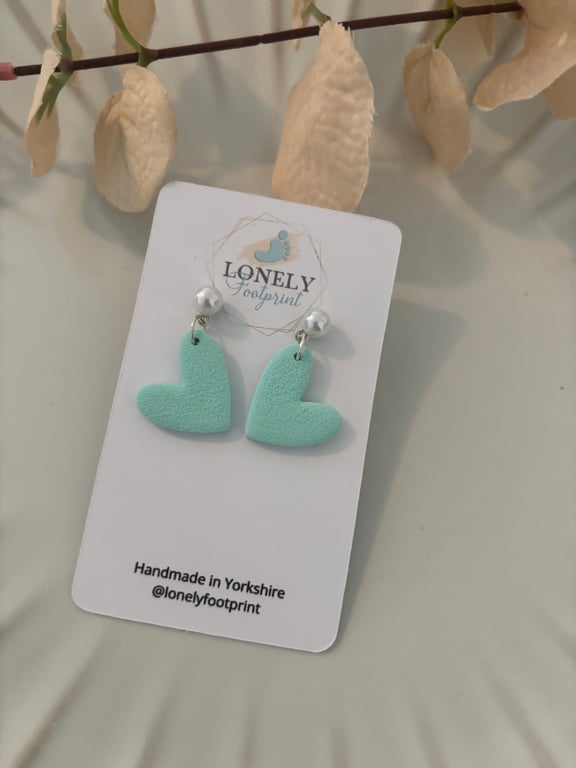 Mint Green Heart Polymer Clay Earrings, Lightweight Handmade Earrings 