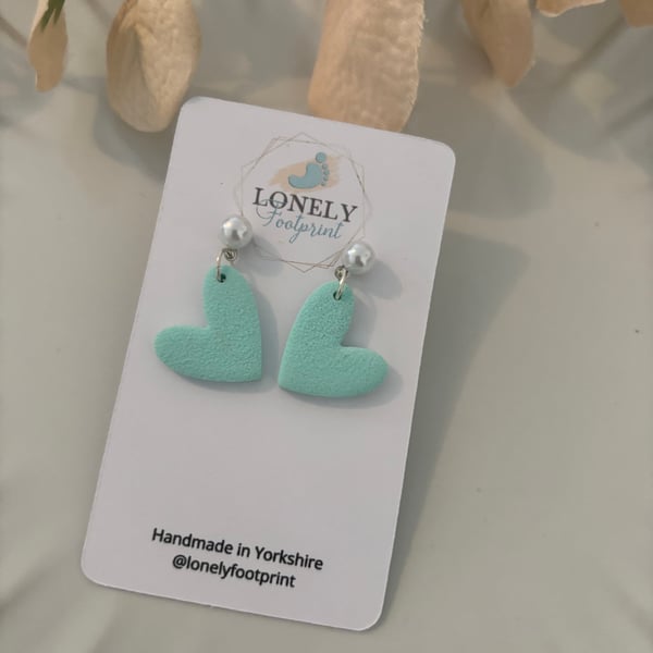 Mint Green Heart Polymer Clay Earrings, Lightweight Handmade Earrings 